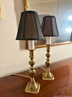 Both brass lamps with shades on wooden surface