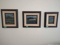 Three framed paintings on wall showing size variation and consistent framing