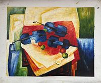 Front view of cubist-style still life with violins and fruit