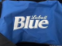 Close-up of Labatt Blue logo on blue panel
