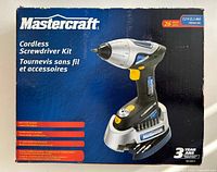 Retail box front showing Mastercraft 7.2V cordless screwdriver kit