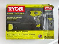 retail box showing Ryobi D43K variable speed drill specs