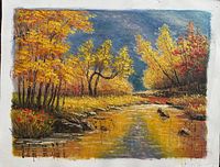 Full view of oil painting showing entire autumn landscape on unstretched canvas