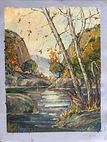 Full view of unstretched oil painting on canvas landscape