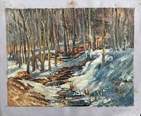 Full view of oil painting on loose canvas showing winter forest landscape