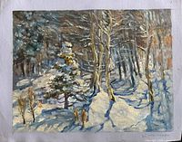 Full view of unstretched oil painting depicting snowy forest
