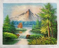 Full view of unstretched oil painting showing mountain, lake and foliage
