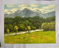 Front view of landscape oil painting on unstretched canvas