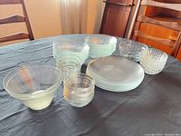 All glass dinnerware pieces grouped on table