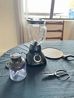 Full lot view: blender with jar, chopper attachment, crepe pan, shears