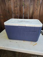 Front view of blue Coleman cooler with white lid