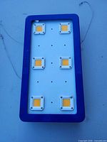 Front view showing six COB LEDs on white plate within blue frame