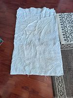 Light blue cotton/chenille bath mat showing surface texture and overall wear
