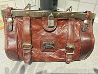 Front view showing plaque, buckle straps, frame and latch, missing handles