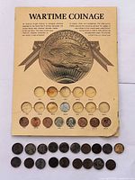 Front view of Wartime Coinage board and loose coins