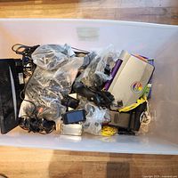 Overview of bin with mixed electronics and cables