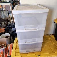 Front view of translucent 3-drawer plastic storage unit