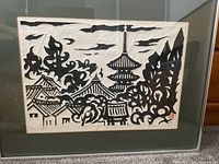 Full view of framed woodblock print behind glass