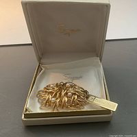 Brooch inside original box with tissue and lid showing brand