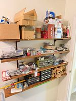 Overview of shelves with boxed bulbs, organizers, fasteners, adhesives