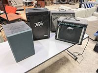 Four items on table: two combo amps, Peavey speaker cabinet, floor speaker