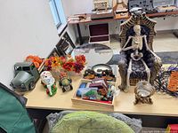 Overall view of tabletop Halloween decor items