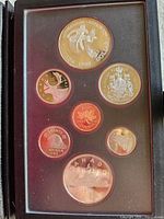Obverse view of seven proof coins secured in presentation holder