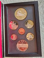 Open proof set showing seven 1986 Canadian proof coins in burgundy case