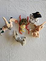 Top view of all five Beanie Babies arranged on cloth background
