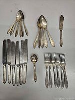 All flatware pieces laid out showing counts and matching pattern