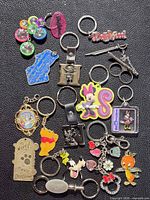 Full group of assorted keychains displayed on black background