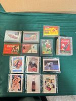 Group of cards in plastic cases and sleeves displayed on table