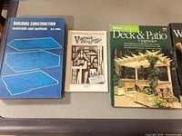 Front covers of three books: Building Construction, Architectural Details, Deck & Patio Upgrades