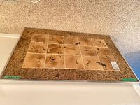 Front view showing fifteen tile panels with petroglyph imagery on cork backing