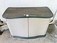 Front view of closed Rubbermaid storage box