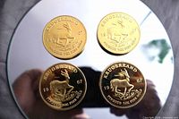 Four gold-plated Krugerrand replica coins on reflective surface
