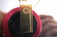 Close-up of pendant front showing logo, text and serial CD2598