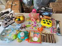 Group shot of all toys laid out on table