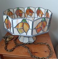 Octagonal leaded glass shade with tulip panels and chain