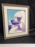Full view of framed poodle portrait showing frame, matting and artwork