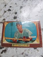 Front of 1955 Bowman Bobby Adams card showing woodgrain TV border and player image