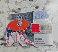 Front of Fresh Threads Zachary Fucale jersey card showing red swatch