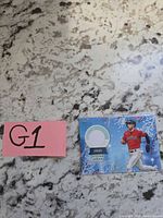 Front of Steven Kwan relic card with jersey swatch