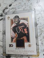 Front of Roman Cechmanek #1018/1475 jersey card showing photo, swatch and serial number