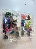 Full lot view showing two plastic organisers filled with sealed bead bags, vials and tubes