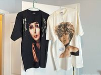 Front view of both T-shirts showing Cher black tee and Tina Turner white tee graphics