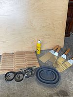 Full lot overview showing knife block, spatulas, colander, rings, cooking spray, small utensils