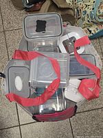 Bag containing multiple clear plastic storage containers with grey lids