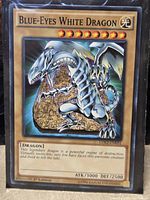 Front of Blue-Eyes White Dragon card in sleeve showing set code and stats