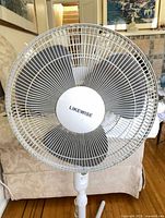 Front view of Likewise pedestal fan showing head and grill